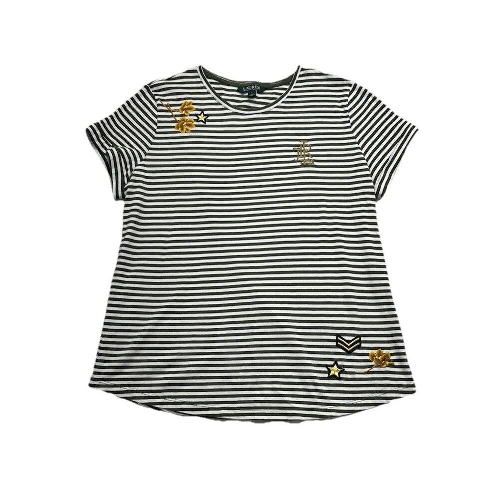 Lauren Ralph Lauren Women Large Shirt Stripe Green Cotton Modal Military Support